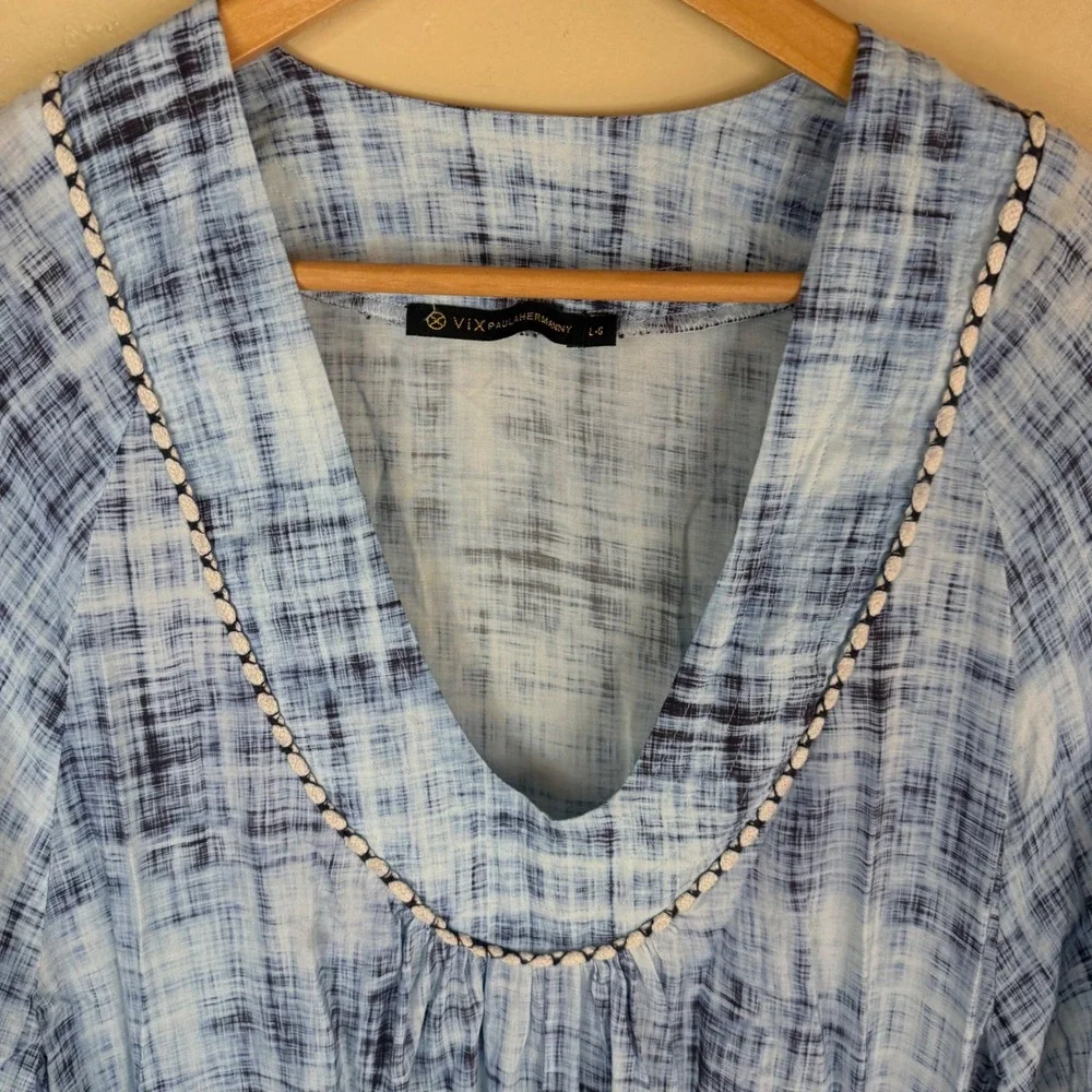 ViX Paula Hermanny Tunic Swim Coverup Womens Large Blue Beaded V-Neck Drawstring